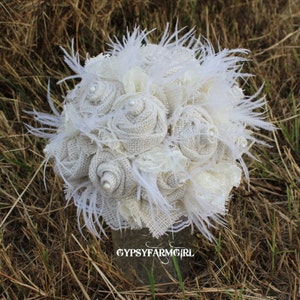 All White / Cream Burlap, Lace, Feathers, and Pearls Rustic Chic Bridal Wedding Bouquet, Fabric Bouquet, Keepsake, Bride's Bouquet image 3