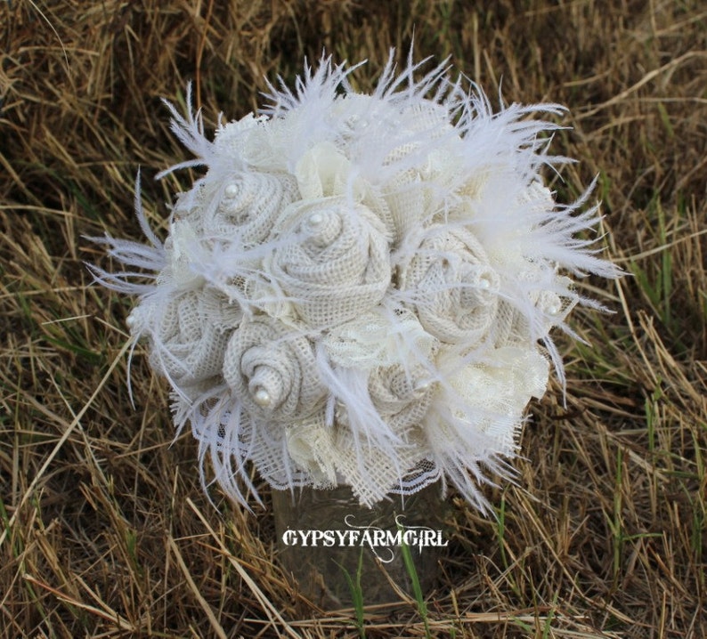 All White / Cream Burlap, Lace, Feathers, and Pearls Rustic Chic Bridal Wedding Bouquet, Fabric Bouquet, Keepsake, Bride's Bouquet image 3