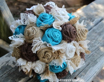 Turquoise Burlap and Lace Bride's Bouquets, Bridesmaid, and Boutonnieres Custom Wedding Arrangements with Fabric Flowers, Keepsake Bouquet