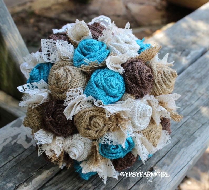 Turquoise Burlap and Lace Bride's Bouquets, Bridesmaid, and Boutonnieres Custom Wedding Arrangements with Fabric Flowers, Keepsake Bouquet image 1