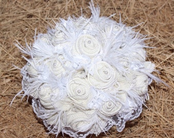 White and Ivory Burlap, Lace, Feather, and Pearl Bridal Bouquet wedding bouquet