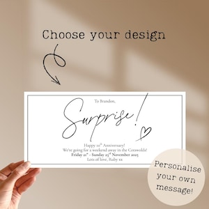 May include: A white card with the word "Surprise!" in elegant script, along with the text "Happy 10th Anniversary!" and other personalized details. The card is held by a hand, with the words "Choose your design" at the top.