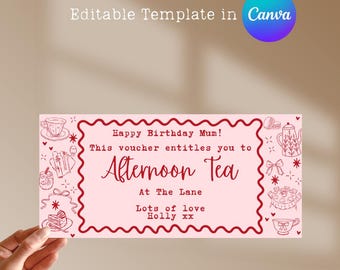 Cupón personalizado para té de la tarde, regalo digital imprimible, cupón editable en Canva
