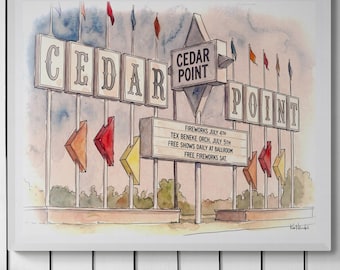 Cedar Point Sandusky Ohio Retro Entrance Pen and Watercolor Artwork by Ken Krolikowski - Print, Framed, Canvas Options - Free Shipping