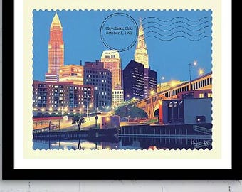 Cleveland Ohio Vintage Postage Stamp Postcard Style Print by Ken Krolikowski - Print, Framed Print or Canvas Wrap - Free Shipping