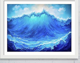 Ocean Wave - Dynamic Blue Sea Surf Original Digital Painting by Ken Krolikowski - Print, Framed Print, Canvas - Free Shipping