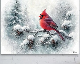 Cardinal In Winter - Snowy Serene Winter Original Digital  Painting by Ken Krolikowski - Print, Framed Print or Canvas Wrap - Free Shipping