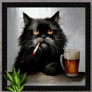 Happy Hour - Black Cat Smoking Drinking Beer - Original Digital Painting by Ken Krolikowski - Download OR Physical Print/Canvas Wrap Option