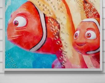 Nemo And Dad - Disney Finding Nemo - Digital Watercolor Art Print OR Canvas Wrap by Ken Krolikowski - Free Shipping