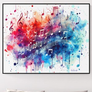 Op de afbeelding: Abstracte aquarelverf van muzieknoten in tinten van blauw, rood en paars met witte spatten op een witte achtergrond.