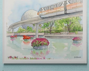 Monorail Over Epcot Pen and Watercolor Artwork by Ken Krolikowski - Print, Framed, Canvas Options - Free Shipping