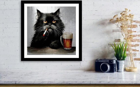 絵画。原画☆キャンバスF6【かわいい猫2匹とビールを飲みます】 マティスの猫のキャンバスプリント：開いた窓、海の眺めのアート 絵画