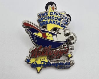 Pin oficial vintage de Disney para Kellogg's, "El patrocinador oficial del desayuno", con un tazón de cereal.
