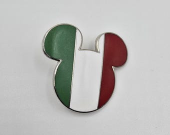 Pin oficial vintage de Disney con los colores de la bandera de Italia dentro de la forma de la cabeza y las orejas de Mickey Mouse.