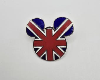 Pin oficial vintage de Disney con los colores de la bandera de Gran Bretaña dentro de la forma de la cabeza y las orejas de Mickey Mouse