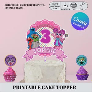 セサミストリート ケーキトッパー、アビー・カダビー セサミストリート バースデー、セサミストリート ケーキトッパー 印刷可能、セサミストリート ケーキトッパー (Canva) 01