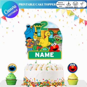 セサミストリート ケーキトッパー、セサミストリート バースデー、セサミストリート ケーキトッパー 印刷可能、セサミストリート ケーキトッパー（Canvaで編集可能）