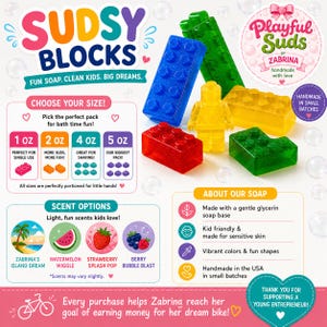 May include: Colorful Sudsy Blocks soap in various shapes and sizes. The image features red, blue, green, and yellow block-shaped soaps, along with a yellow figure. The packaging includes scent options like watermelon and berry. The text reads "Fun Soap. Clean Kids. Big Dreams."