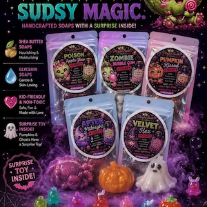 May include: Five pouches of Playful Suds by Zabrina handcrafted soaps labeled Poison Apple Glow, Zombie Bubble Gum, Pumpkin Kissed, After Midnight, and Velvet Hex. Includes a purple spider, orange pumpkin, and white ghost soap with small toy figures.