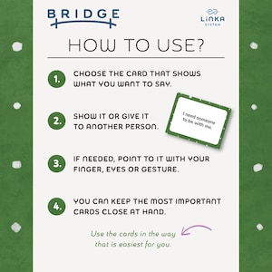 Może przedstawiać: Biała karta instrukcyjna z zielonymi obramowaniami i białymi kropkami, zatytułowana BRIDGE HOW TO USE. Zawiera cztery ponumerowane kroki korzystania z kart komunikacyjnych oraz przykładową kartę z napisem I need someone to be with me.