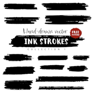 Könnte beinhalten: Eine Sammlung schwarzer Tintenstriche in verschiedenen Formen, handgezeichnet auf weißem Hintergrund. Der Text "Hand-drawn vector INK STROKES COLLECTION 1" wird angezeigt, mit einem "FREE PATTERN"-Abzeichen.