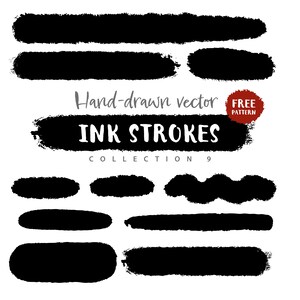 Könnte beinhalten: Eine Sammlung schwarzer Tintenstriche in verschiedenen Formen und Größen auf weißem Hintergrund. Der Text "Hand-drawn vector INK STROKES COLLECTION 9" ist abgebildet, zusammen mit einem "FREE PATTERN"-Abzeichen.