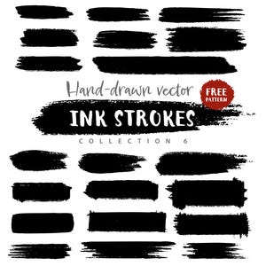 Könnte beinhalten: Eine Sammlung handgezeichneter schwarzer Tintenstriche auf weißem Hintergrund. Der Text "Hand-drawn vector INK STROKES COLLECTION 6" ist in Weiß dargestellt. Ein roter Kreis mit dem Text "FREE PATTERN" ist ebenfalls vorhanden.