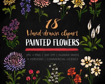 Lot de fleurs peintes à télécharger : clipart abstrait coloré et transparent à l'huile et à l'acrylique, style texturé peint à la main, silhouette noire, JPG/PNG