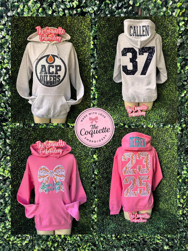 May include: Four hoodies on display. Two are gray, one with "ACP OILERS" and the other with "CALLEN 37". The other two are pink, one with a bow design and the other with "GERBEN 23 25". All have a front pocket.