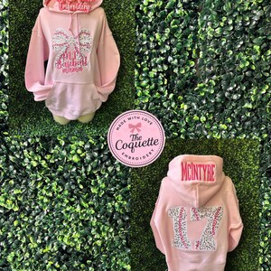 May include: Pink hooded sweatshirt with the text "#1 Baseball Mama" and a bow design on the front. The hood has the text "The Coquette Embroidery". The back of the sweatshirt has the name "McIntyre" and the number "17".