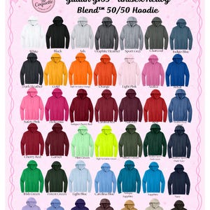 May include: Color chart of Gildan G185 unisex heavy blend 50/50 hoodies in various colors, including white, black, ash, graphite heather, sport grey, charcoal, indigo blue, dark heather, gold, orange, light pink, and royal.