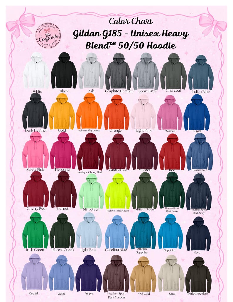 May include: Color chart of Gildan G185 unisex heavy blend 50/50 hoodies in various colors, including white, black, ash, graphite heather, sport grey, charcoal, indigo blue, dark heather, gold, orange, light pink, and royal.