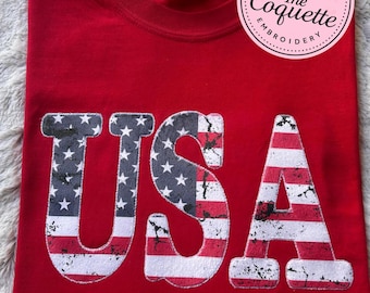 USA Applique Shirt – Patriotic Sublimated Fabric Letters – Red Tee – “EST. 1776” Embroidery – Handmade USA Pride Shirt