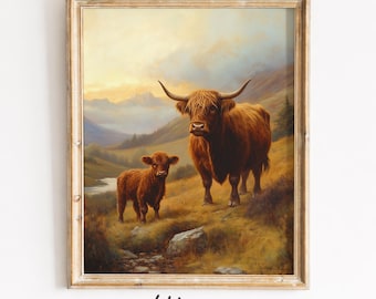 Stampa di mucca e vitello delle Highlands - Stampa artistica da parete in stile fattoria scozzese