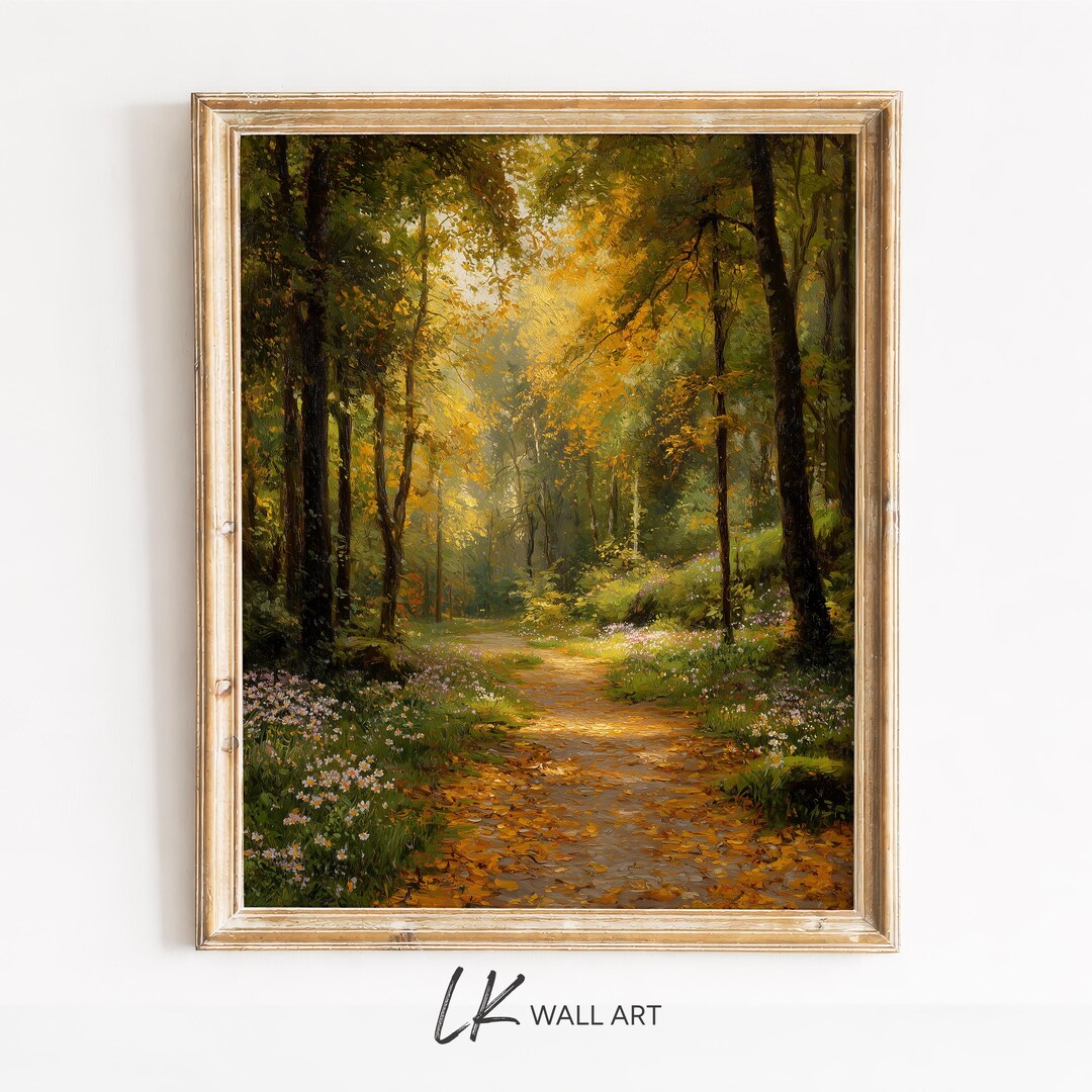Autumn Forest Path Print – Golden Woodland Landscape Wall Art Printable ...