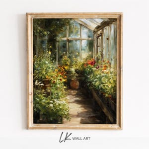May include: A framed art print depicting a greenhouse interior with vibrant plants and flowers. The artwork uses a warm colour palette with greens, yellows, and reds. The text "LK WALL ART" is visible at the bottom of the print.