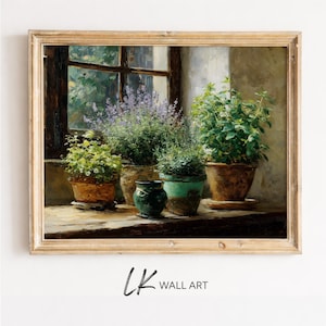 Puede incluir: Pintura enmarcada de hierbas en macetas en un alféizar. La obra presenta varias plantas verdes y flores moradas en macetas de terracota y turquesa. Una ventana de madera oscura es visible en el fondo, con el texto "LK WALL ART" en la esquina inferior.