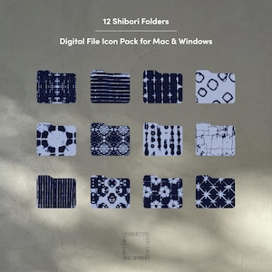 May include: Twelve digital file folder icons with Shibori patterns in navy blue and white. The text at the top reads "12 Shibori Folders" and "Digital File Icon Pack for Mac & Windows". The folders have various tie-dye designs.