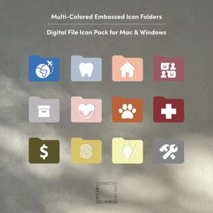 May include: A collection of multi-colored embossed icon folders with various symbols, including a globe, tooth, house, and dollar sign. The text reads "Multi-Colored Embossed Icon Folders" and "Digital File Icon Pack for Mac & Windows."