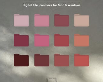 May include: A digital file icon pack for Mac & Windows featuring 12 Sunset Rose folders in various shades of pink and red. The folders are arranged in a grid pattern against a neutral background. The text "12 Sunset Rose Folders" and "Digital File Icon Pack for Mac & Windows" are displayed.