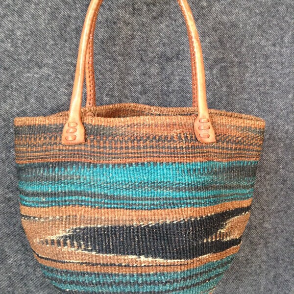 Vintage Sisal woven bag, leather handles 