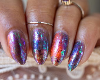 Alpenglow | Purple jelly & red magnetic nail polish with shifting auroral flakies