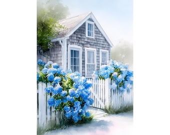 Nantucket Cottage Watercolor Print, Hydrangea Coastal Wall Art, New England Summer House Painting, Beach Cottage Décor