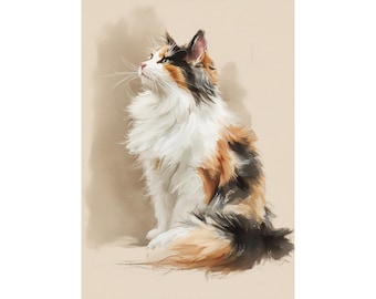 Glückskatze Aquarell Kunstdruck, Elegantes Erstes Haustier Porträt Poster, Geschenk Katzenliebhaber