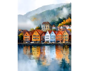 Bergen Norway Watercolor Print: Scandinavian Coastal Harbor Art