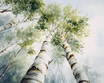 May include: A watercolour painting depicting birch trees from a low angle. The white trunks, marked with dark patches, reach upwards to a canopy of green foliage. The sky is a soft blue, creating a tranquil, natural scene.