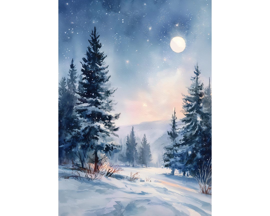 Winter Landscape Watercolor Print • Snowy Forest & Moonlight Wall Art ...