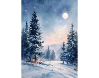 Winter Landscape Watercolor Print • Snowy Forest & Moonlight Wall Art • Appalachian Mountains Painting