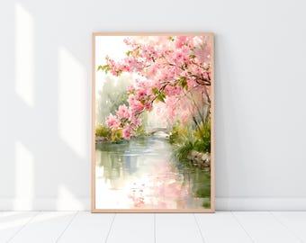 Sakura River Watercolor Print, Japanese Floral Landscape, Pastel Decor