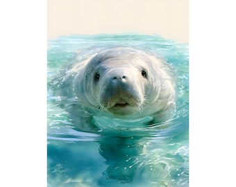 Stampa ad acquerello di lamantino / Decorazione murale per cameretta a tema costiero / Decorazione stravagante con animali marini / Stampa di fauna marina / Opera d'arte per casa al mare